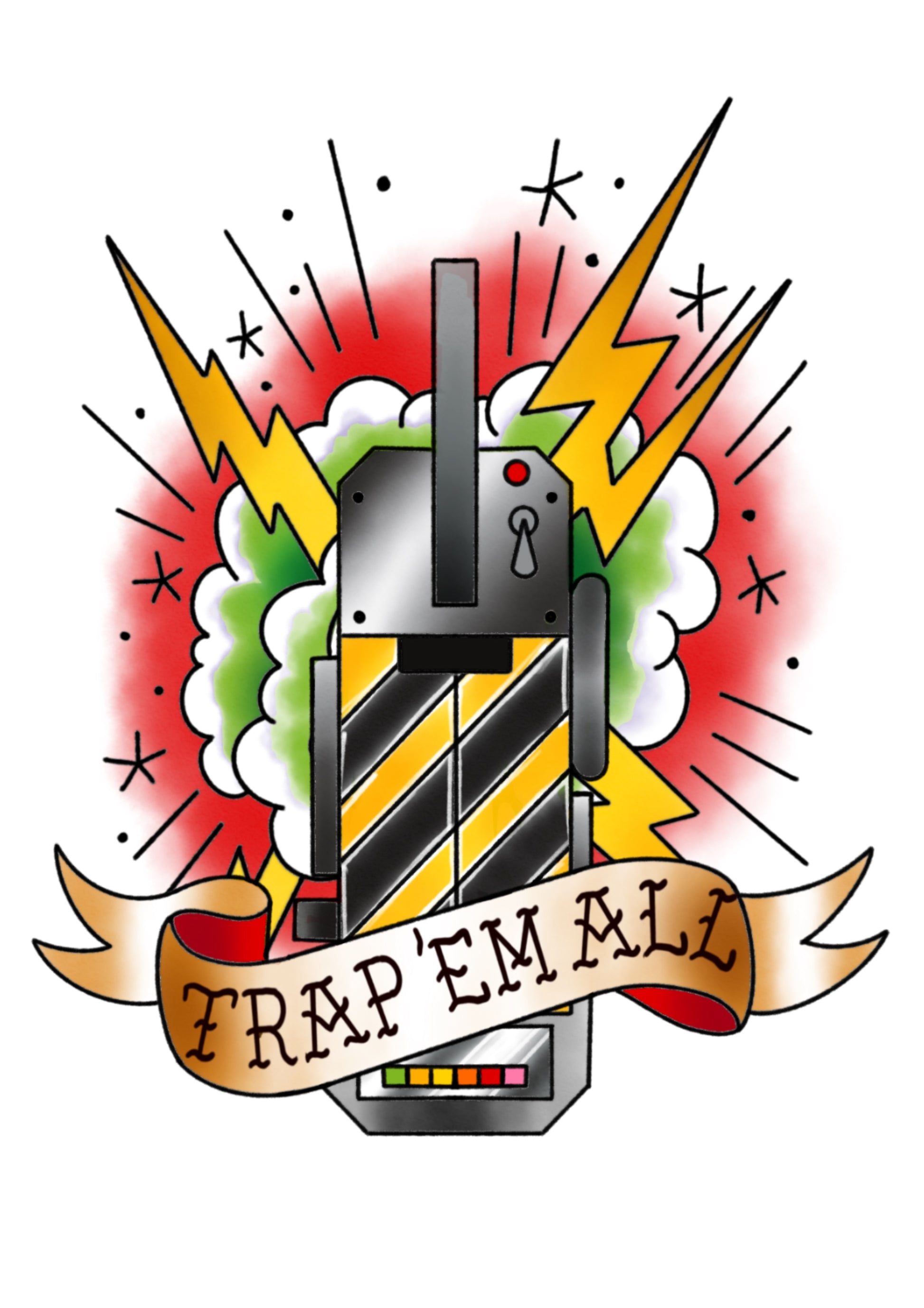 Trap 'Em All Ghostbusters flash tattoo by Sham B in bold black and red, featuring the classic ghost trap in traditional flash style, exclusive to The Ink Factory Dublin

