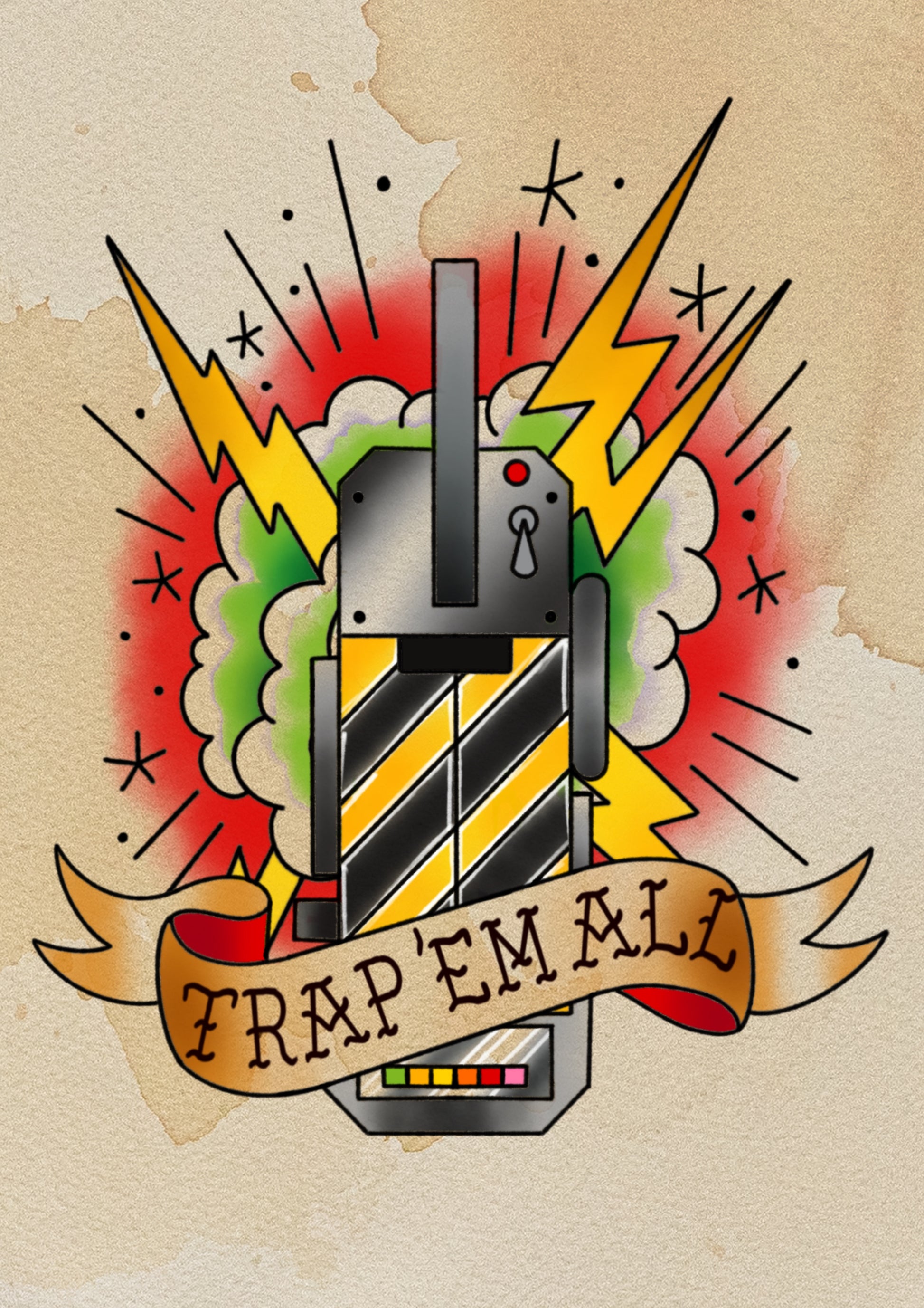Trap 'Em All Ghostbusters flash tattoo by Sham B in bold black and red, featuring the classic ghost trap in traditional flash style.

