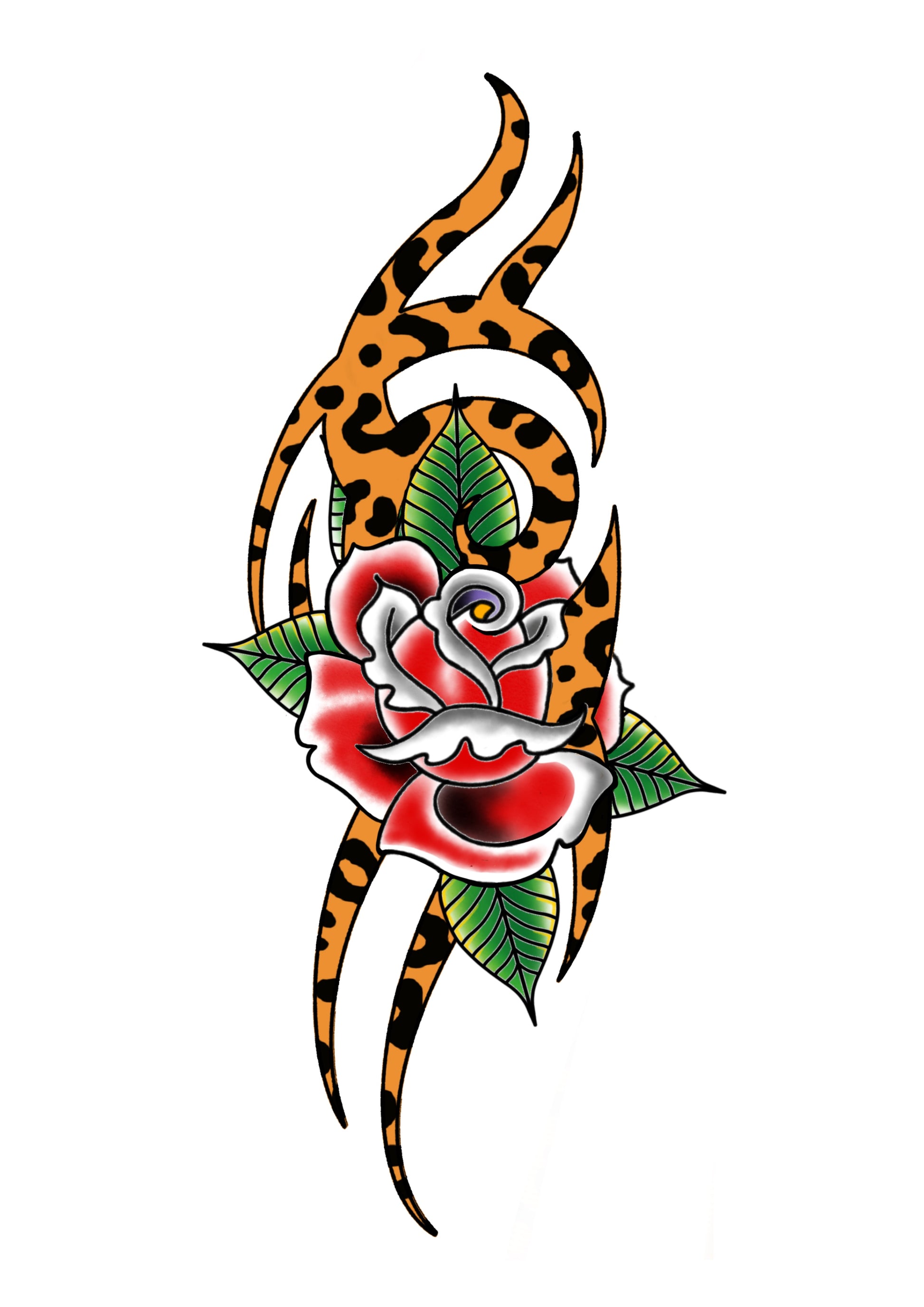 Tribal rose tattoo flash by Sham B featuring bold black and red rose with leopard print, exclusive to The Ink Factory Dublin
