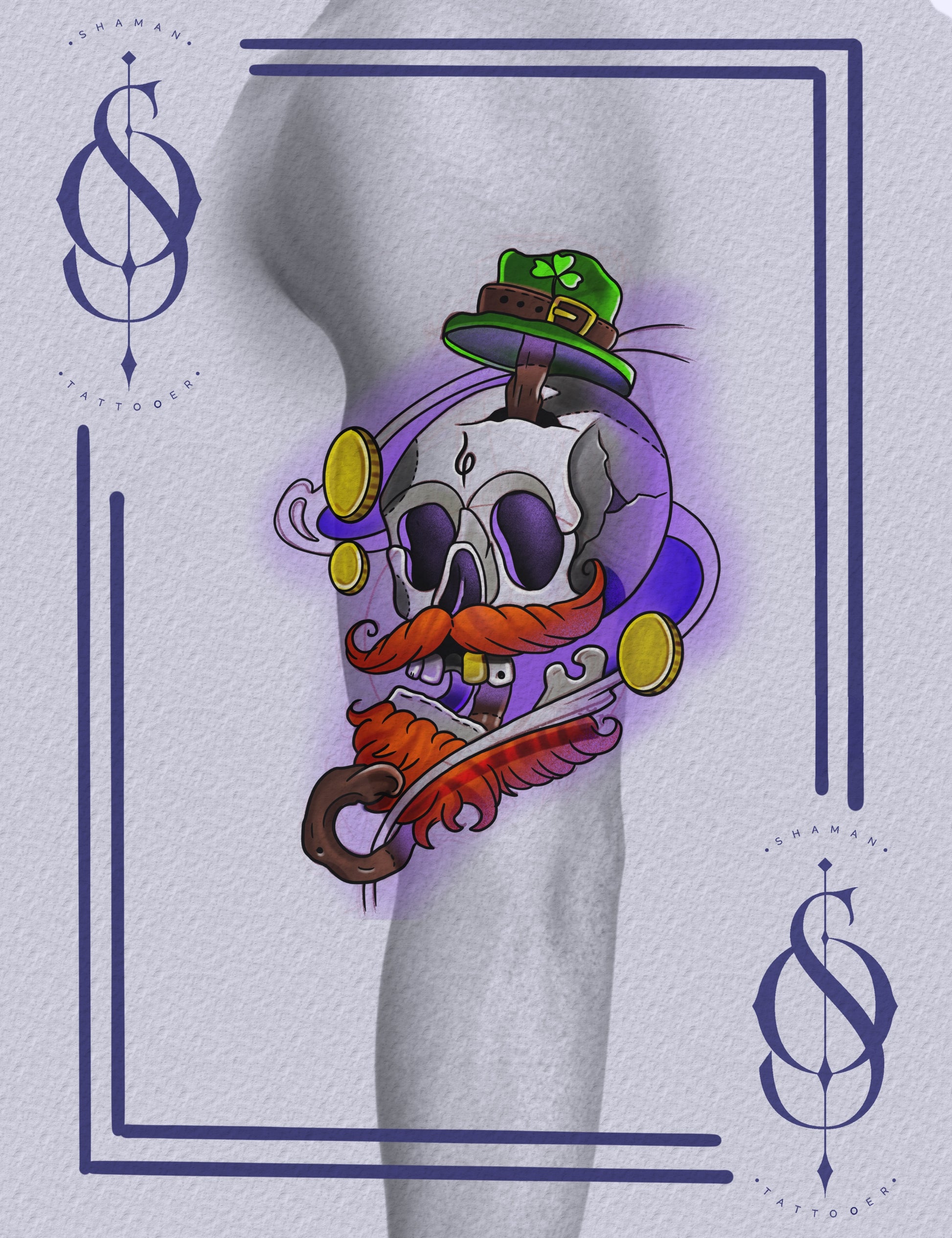 Skull tattoo design by Emmanuel featuring a leprechaun skull impaled through the hat, with gold coins and Irish iconography.

