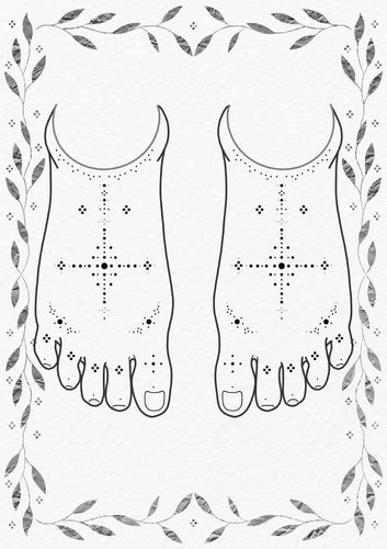 Symmetrical fine line feet tattoo design by Jess with ornamental floral and geometric elements – The Ink Factory Dublin