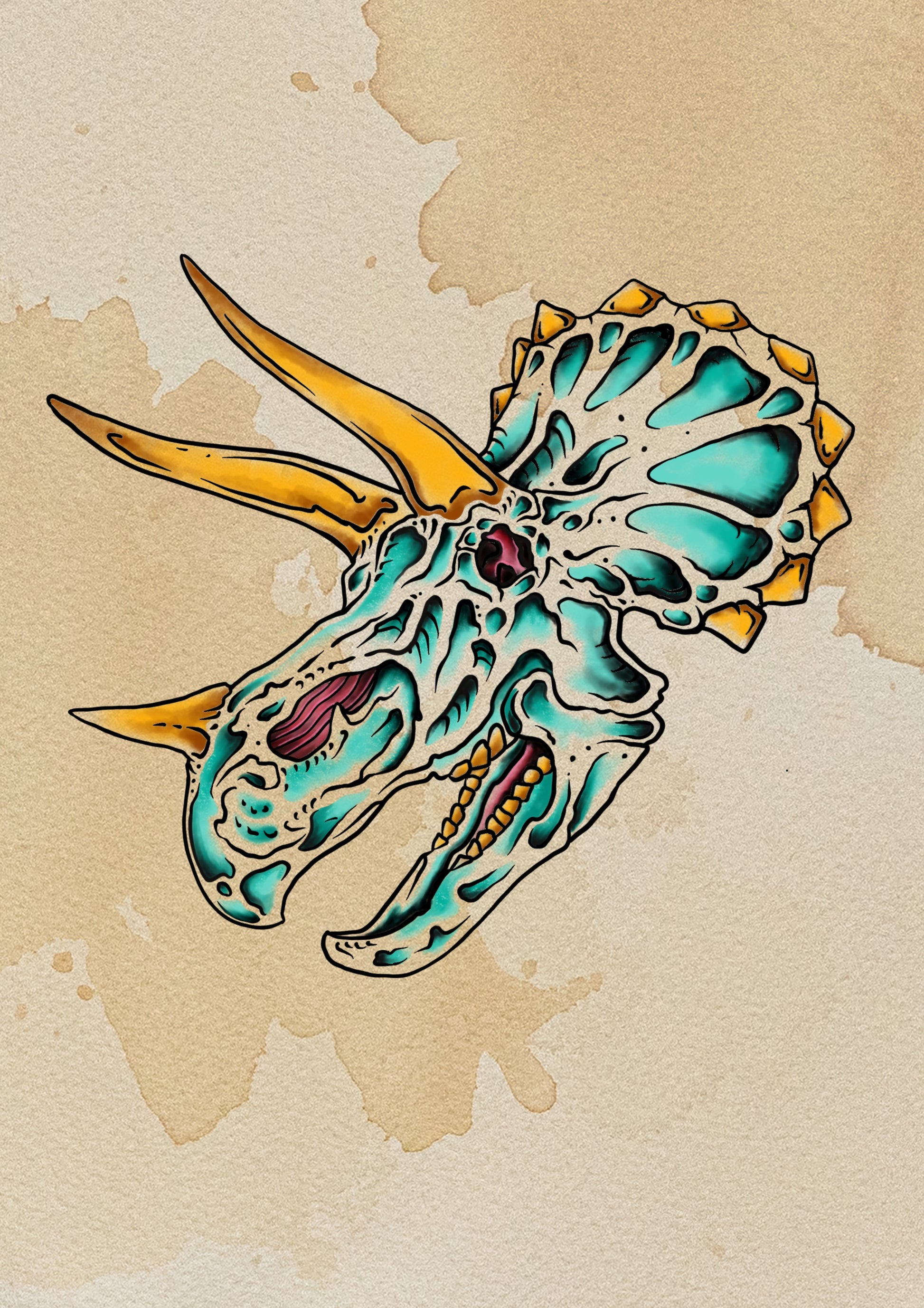 Tyceratops Dino Skull flash tattoo by Sham B in bold black and red, featuring a sci-fi dinosaur skull design, exclusive to The Ink Factory Dublin

