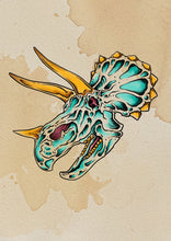 Load image into Gallery viewer, Tyceratops Dino Skull flash tattoo by Sham B in bold black and red, featuring a sci-fi dinosaur skull design, exclusive to The Ink Factory Dublin

