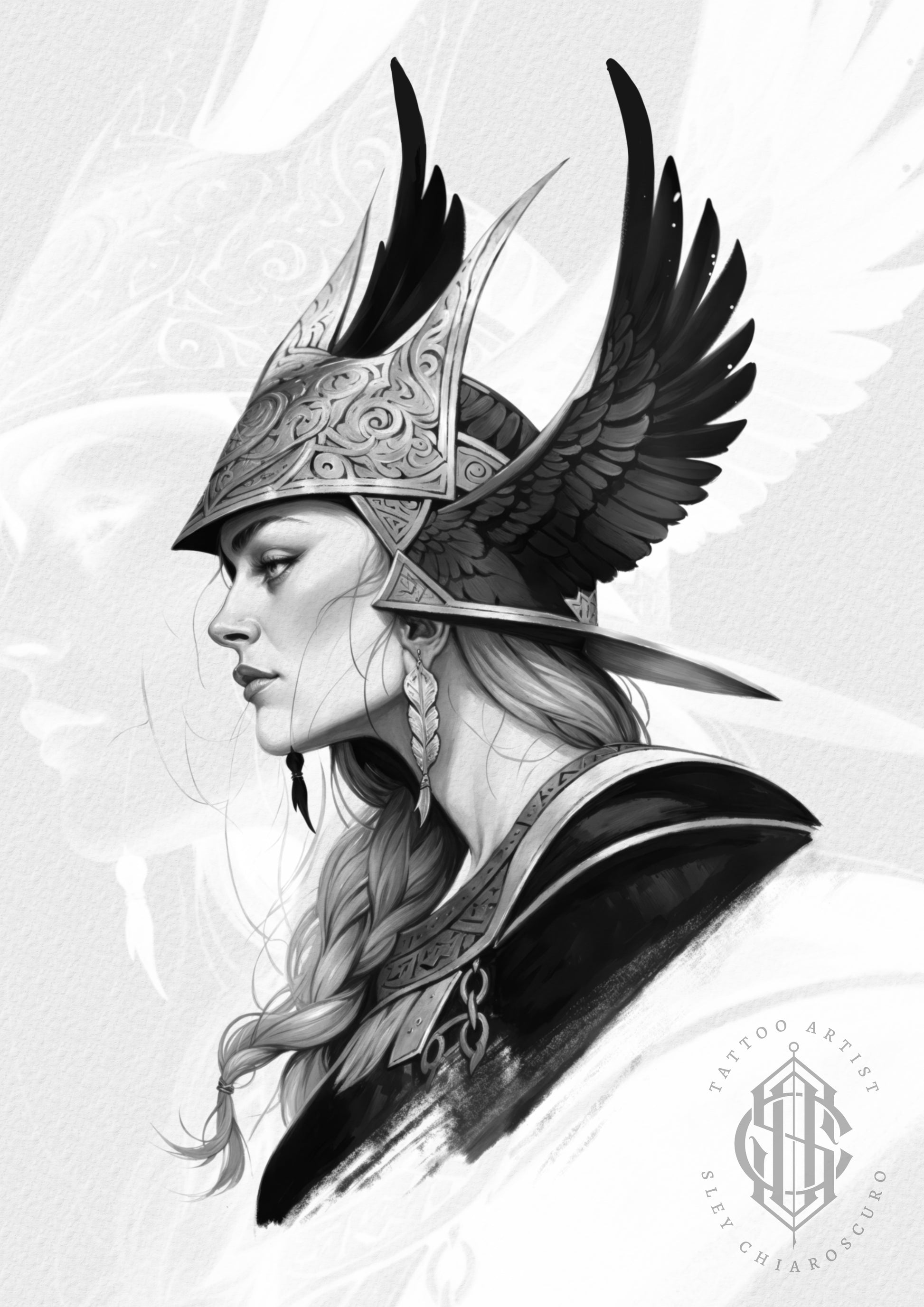 Tattoo design by Edi of a Norse Valkyrie warrior woman in a winged helmet with braided hair in black and grey realism

