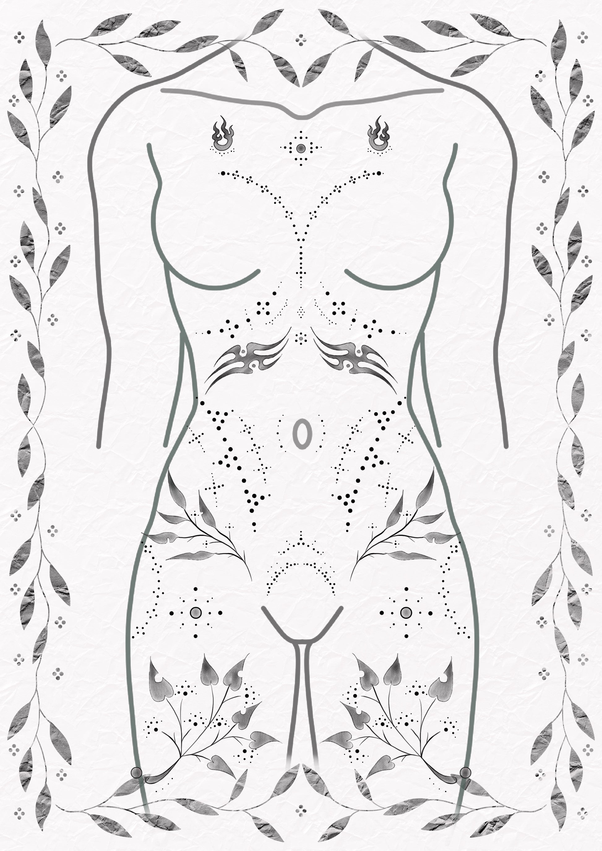 Half body suit tattoo design by Jess featuring surreal ornamental fine line patterns across torso and ribs – The Ink Factory Dublin