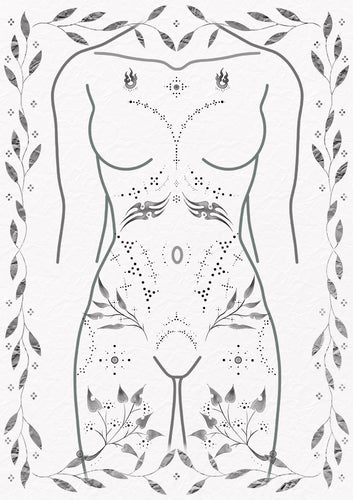 Half body suit tattoo design by Jess featuring surreal ornamental fine line patterns across torso and ribs – The Ink Factory Dublin