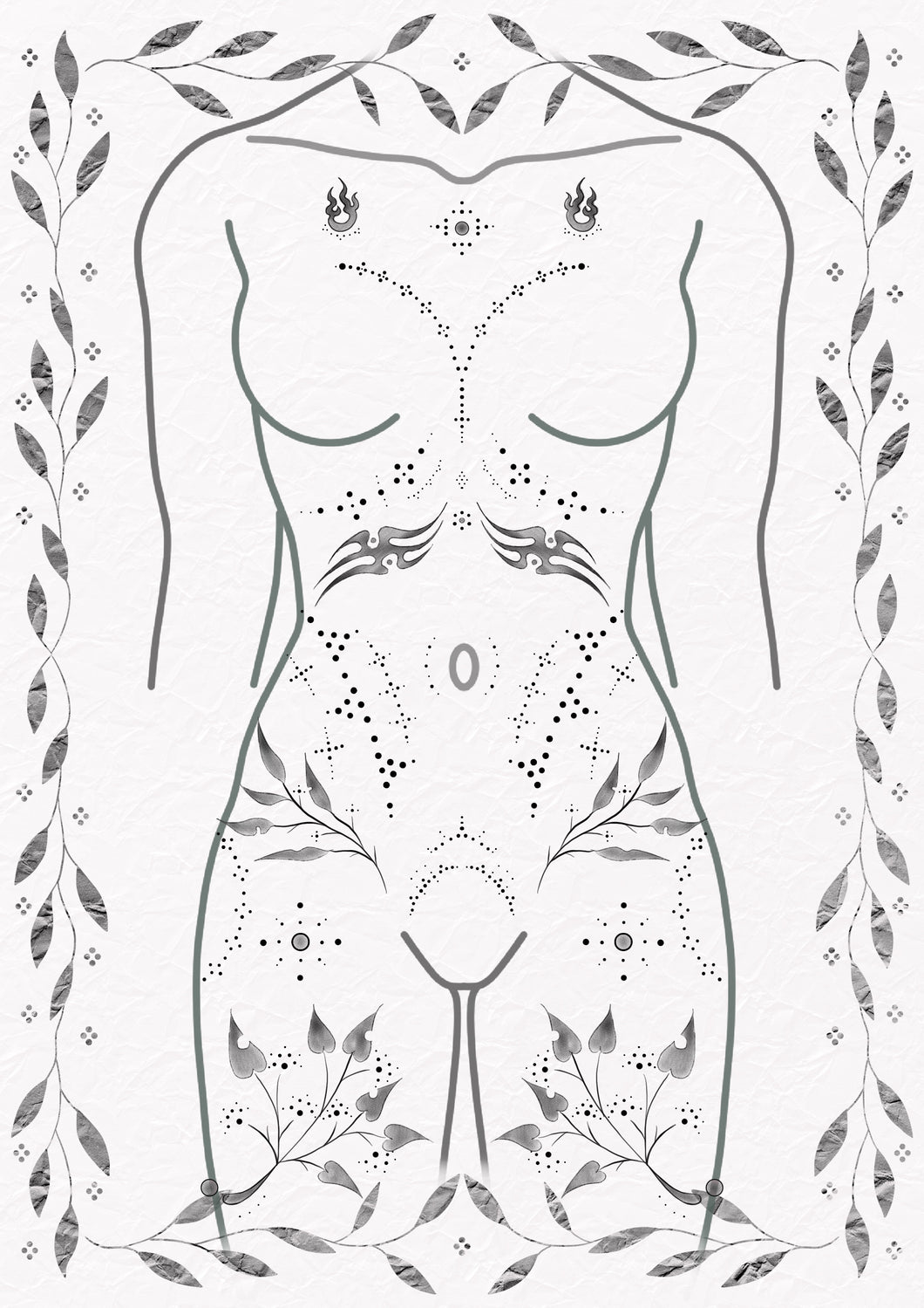 Half body suit tattoo design by Jess featuring surreal ornamental fine line patterns across torso and ribs – The Ink Factory Dublin