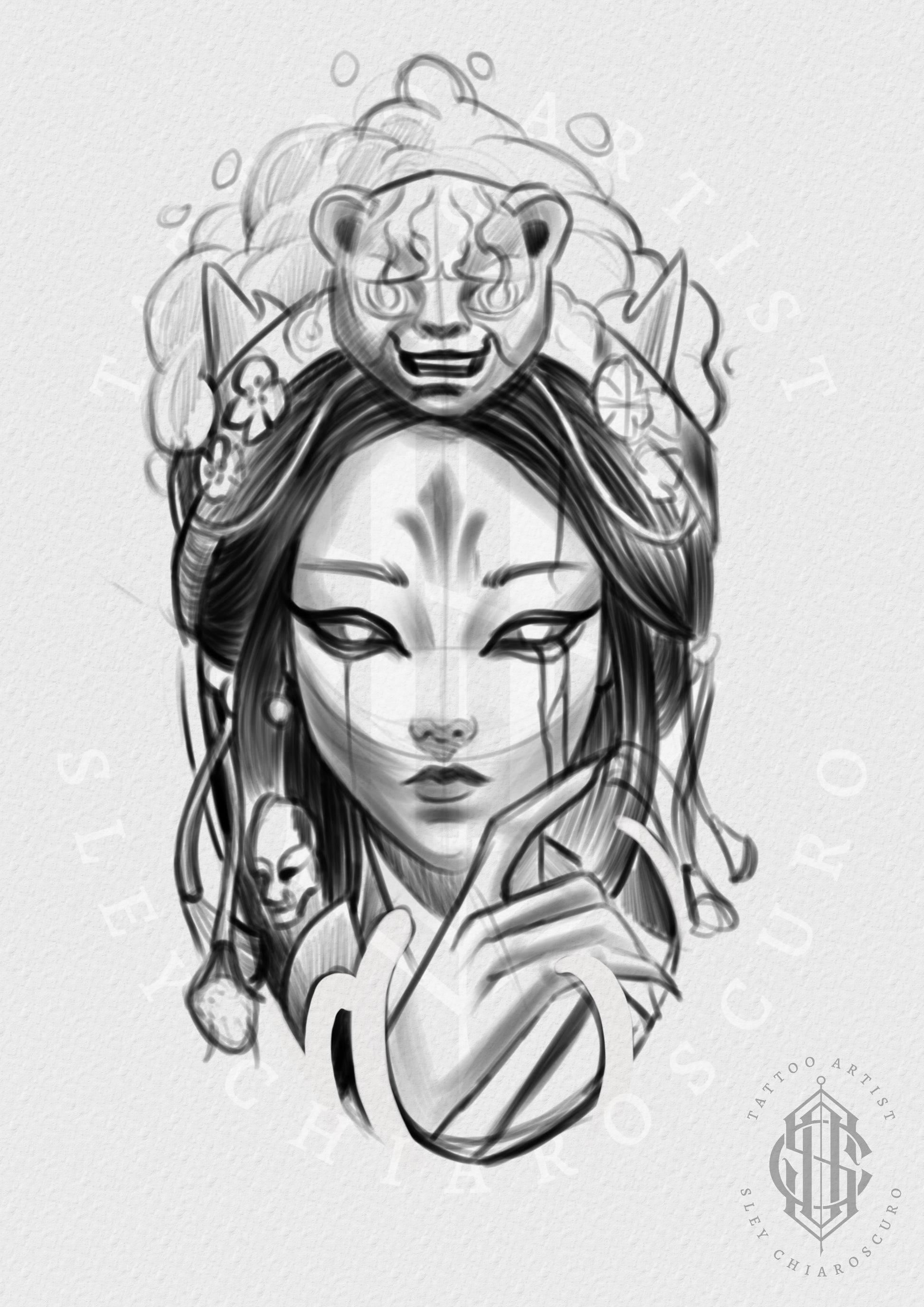 Large-scale tattoo design by Edi featuring an Asian-inspired woman with theatrical masks and flowing hair