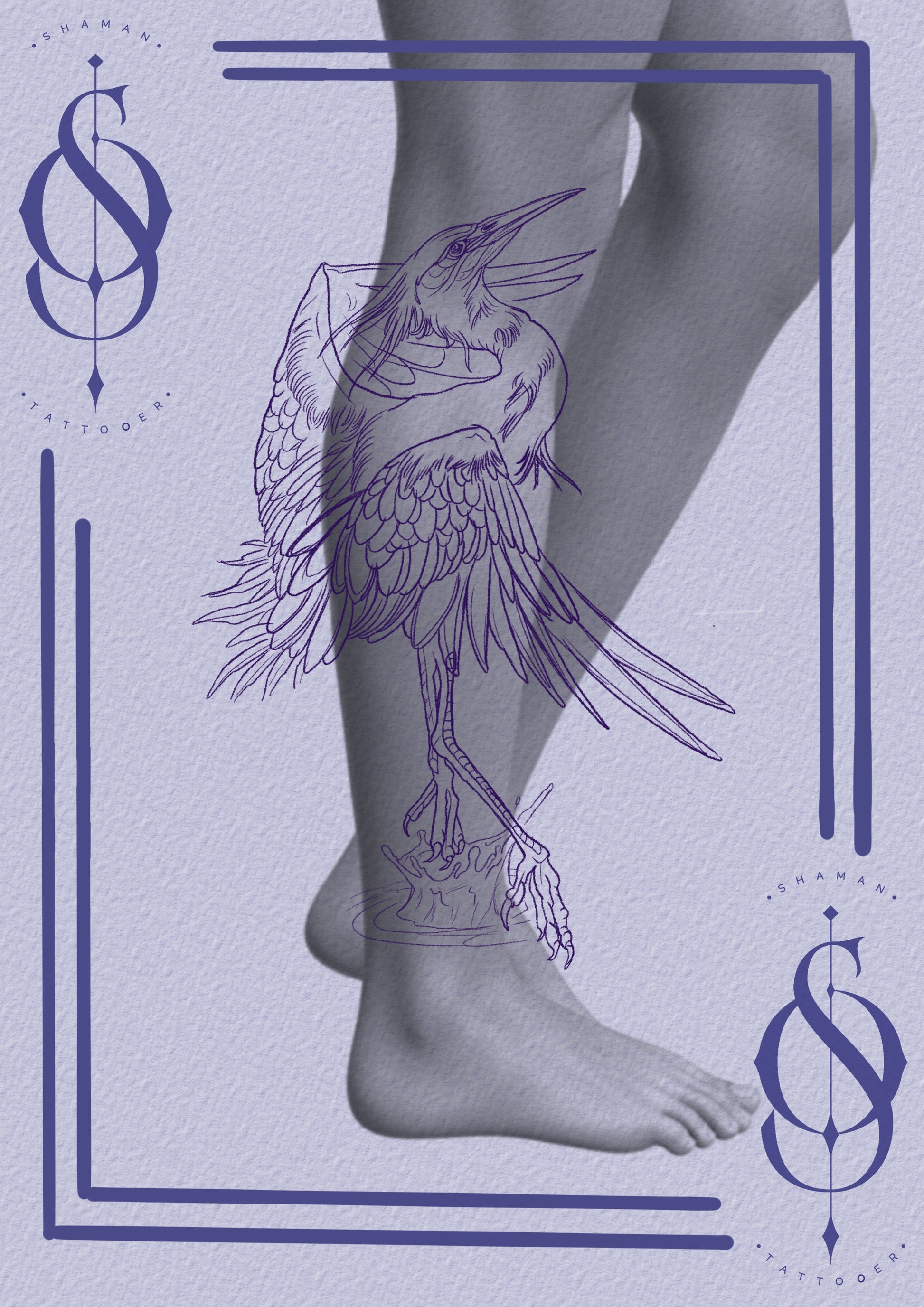 Tattoo design by Emmanuel featuring a crane mid-call above a splash of water, drawn for one and a half day colour session, exclusive to The Ink Factory Dublin.

