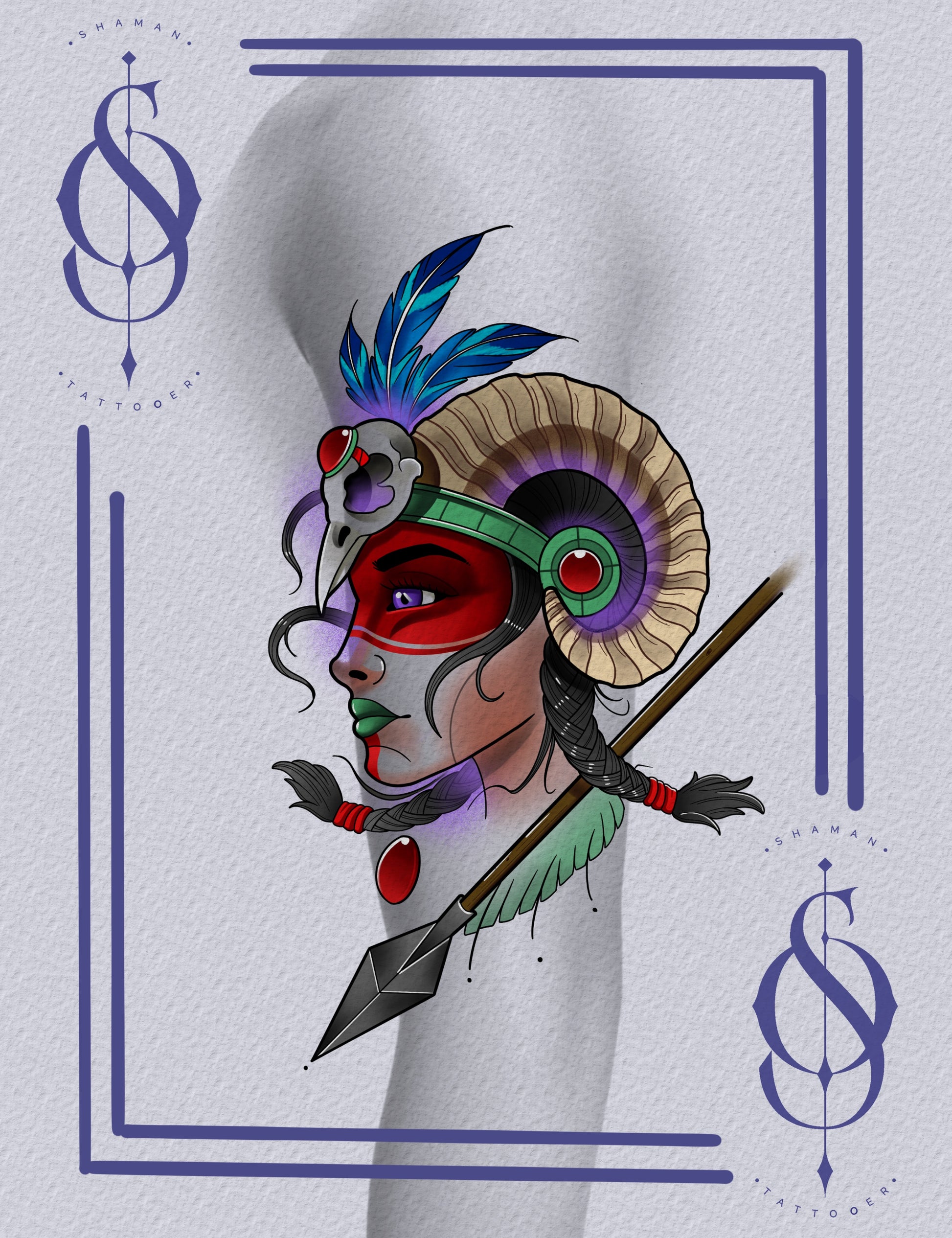 Native warrior woman tattoo with horned crown and feathers, created by Emmanuel for a full-day colour session.

