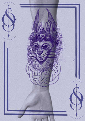 Sketch-style Pooka tattoo by Emmanuel with antlers, third eye, and Celtic framing, designed for one-day colour session.