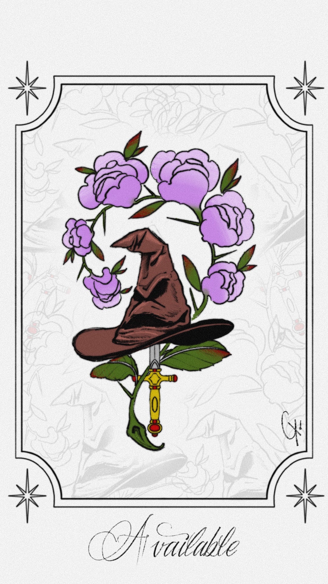 Tattoo design with wizard hat, sword and purple roses in a magical fantasy theme by Raul Graciotti

