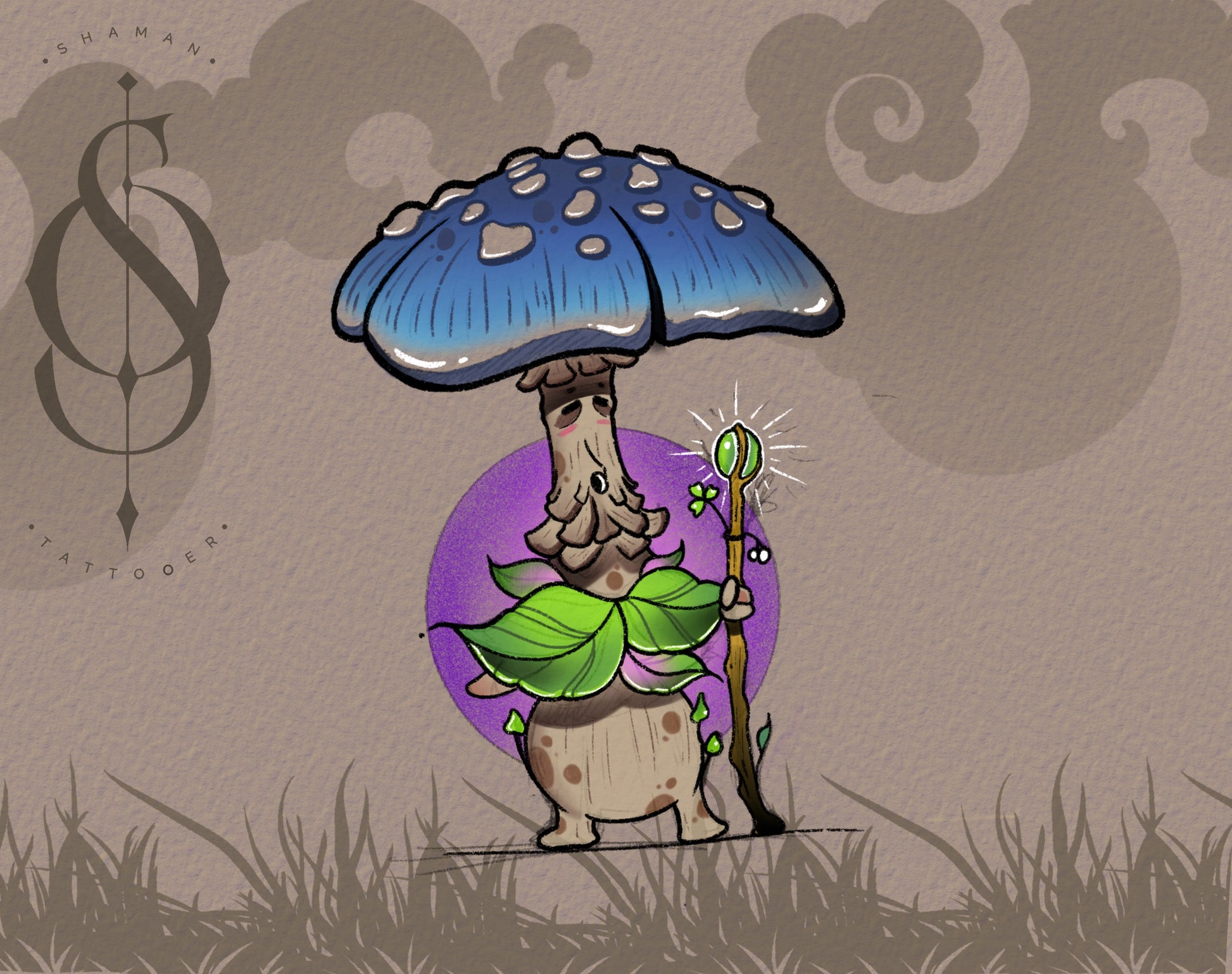 Young Spore tattoo design by Emmanuel, featuring a blue-cap mushroom wizard with a glowing staff and leafy robe, exclusive to The Ink Factory Dublin.

